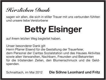 Traueranzeige von Betty Elsinger von Pegnitz-Zeitung